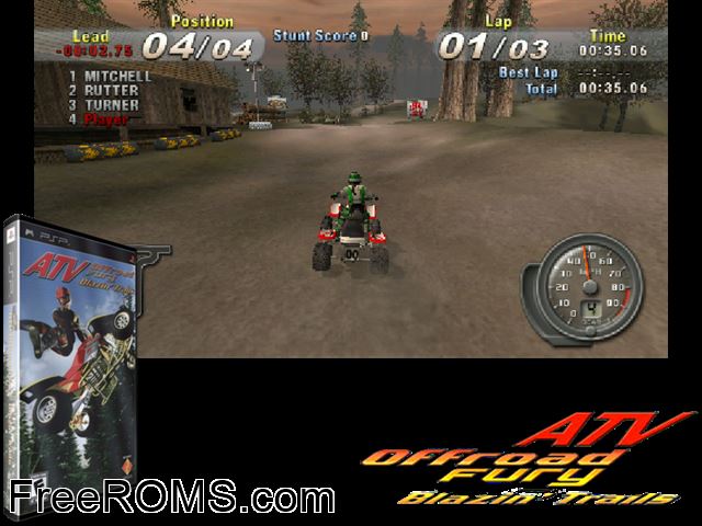 ATV Offroad Fury - Blazin' Trails PSP game showing 3D box cover and gameplay screenshot