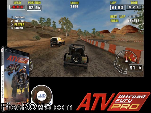 ATV Offroad Fury Pro (Europe) PSP game showing 3D box cover and gameplay screenshot
