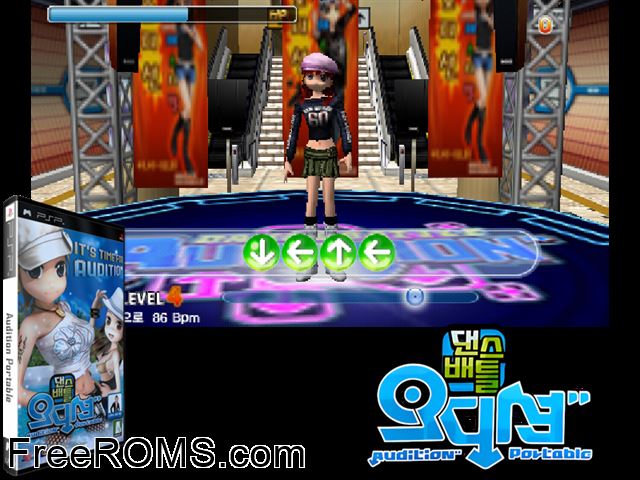 Audition Portable (Korea) PSP game showing 3D box cover and gameplay screenshot
