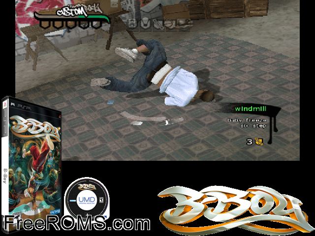 B-Boy PSP game showing 3D box cover and gameplay screenshot