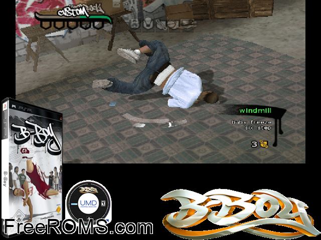 B-Boy (Europe) PSP game showing 3D box cover and gameplay screenshot