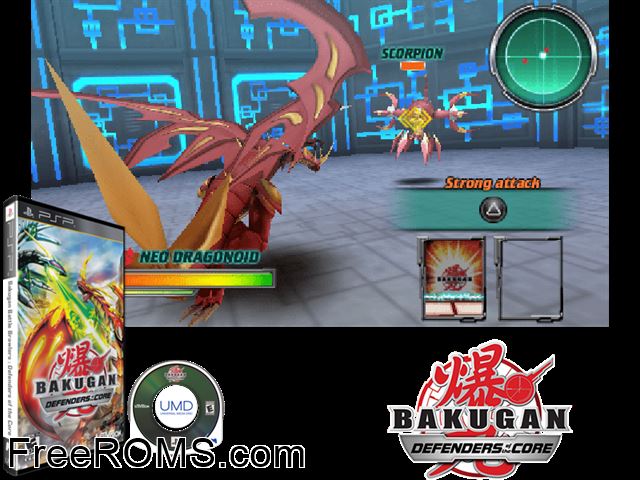 Bakugan Battle Brawlers - Defenders of The Core PSP game showing 3D box cover and gameplay screenshot