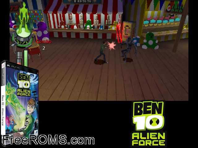 Ben 10 - Alien Force PSP game showing 3D box cover and gameplay screenshot