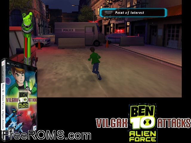 Ben 10 - Alien Force Vilgax Attacks (Europe) PSP game showing 3D box cover and gameplay screenshot