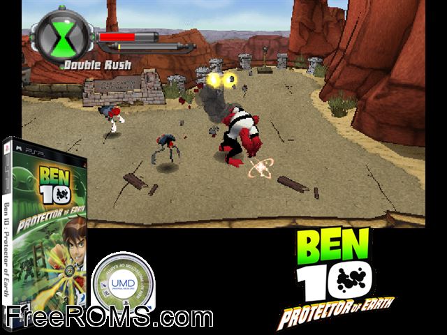 Ben 10 - Protector of Earth (Europe) PSP game showing 3D box cover and gameplay screenshot
