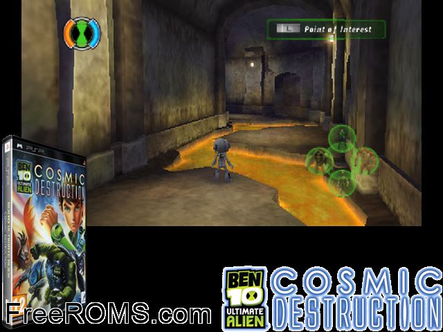 Ben 10 - Ultimate Alien - Cosmic Destruction PSP game showing 3D box cover and gameplay screenshot