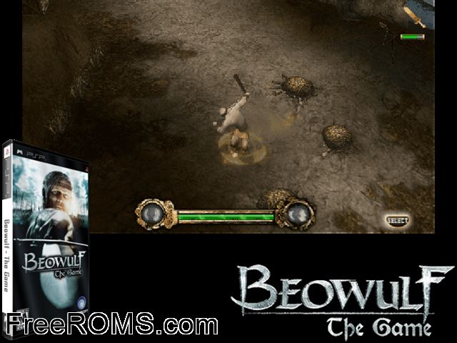Beowulf - The Game PSP game showing 3D box cover and gameplay screenshot