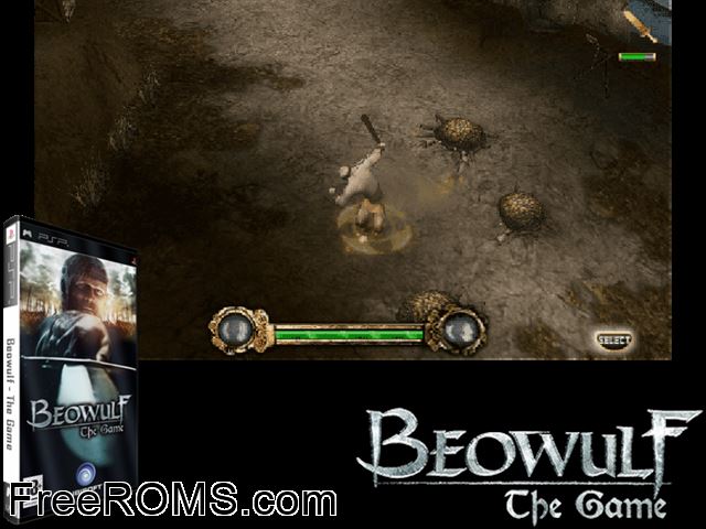 Beowulf - The Game (Europe) PSP game showing 3D box cover and gameplay screenshot