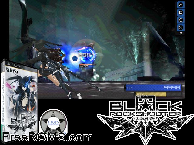 Black Rock Shooter - The Game (Japan) PSP game showing 3D box cover and gameplay screenshot