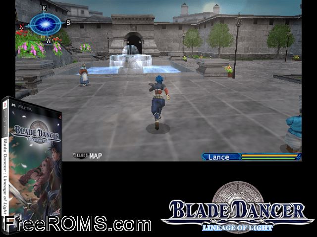 Blade Dancer - Lineage of Light PSP game showing 3D box cover and gameplay screenshot