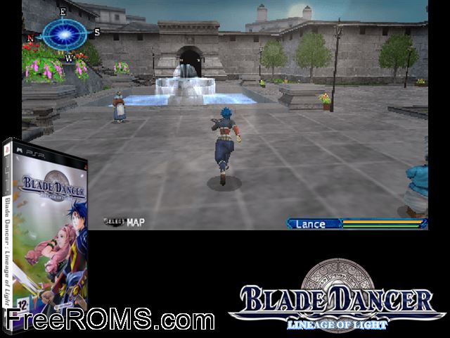 Blade Dancer - Lineage of Light (Europe) PSP game showing 3D box cover and gameplay screenshot
