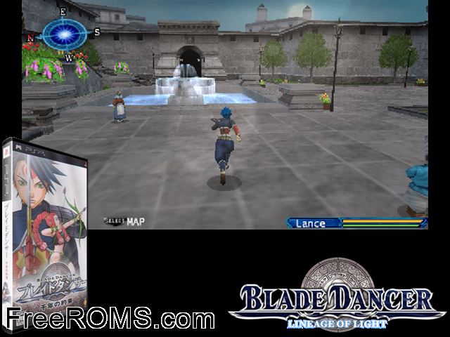 Blade Dancer - Sennen no Yakusoku (Japan) PSP game showing 3D box cover and gameplay screenshot