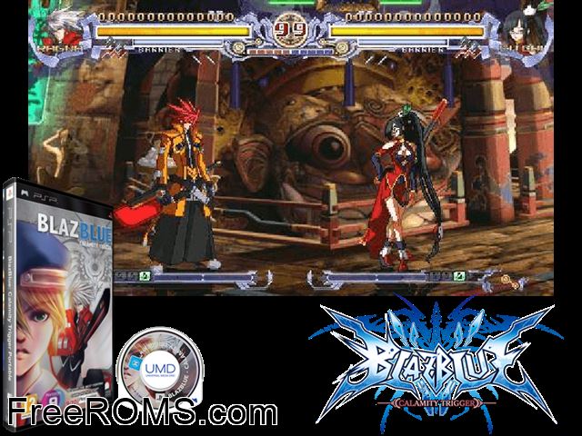 Blazblue - Calamity Trigger (Europe) PSP game showing 3D box cover and gameplay screenshot