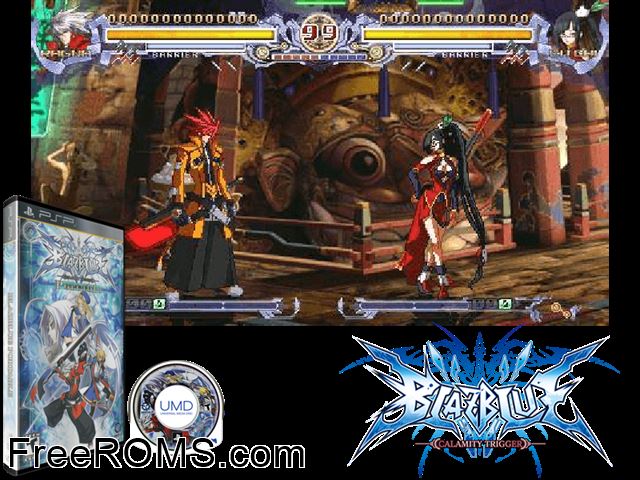 Blazblue - Calamity Trigger Portable PSP game showing 3D box cover and gameplay screenshot