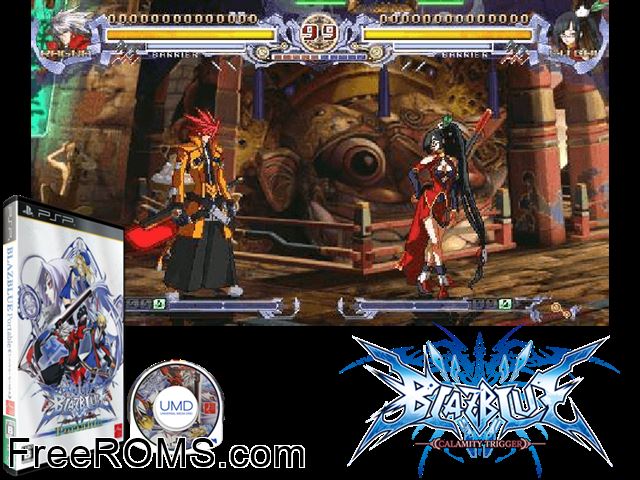 Blazblue - Calamity Trigger Portable (Japan) PSP game showing 3D box cover and gameplay screenshot