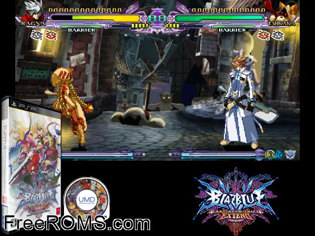 Blazblue - Continuum Shift Extend (Japan) PSP game showing 3D box cover and gameplay screenshot
