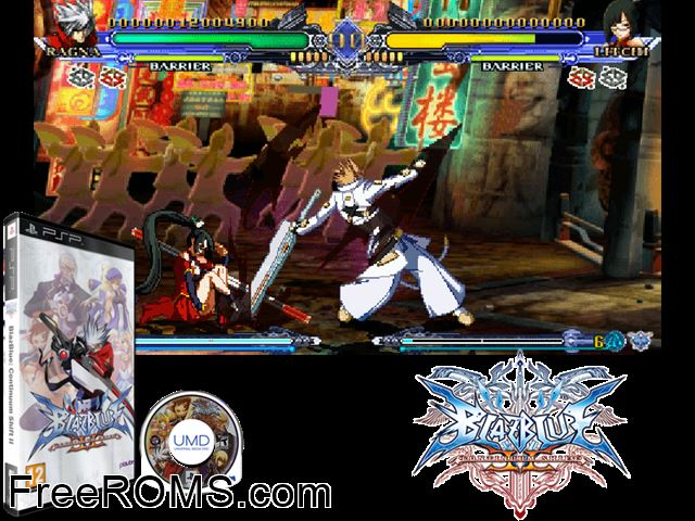 Blazblue - Continuum Shift II PSP game showing 3D box cover and gameplay screenshot