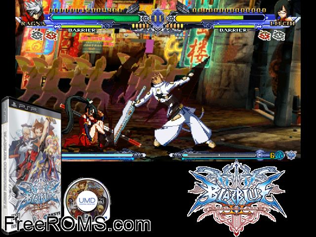 Blazblue - Continuum Shift II (Japan) PSP game showing 3D box cover and gameplay screenshot