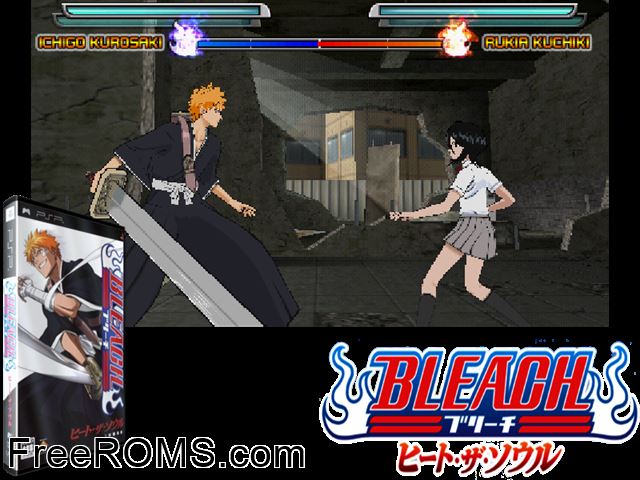 Bleach - Heat The Soul (Japan) PSP game showing 3D box cover and gameplay screenshot
