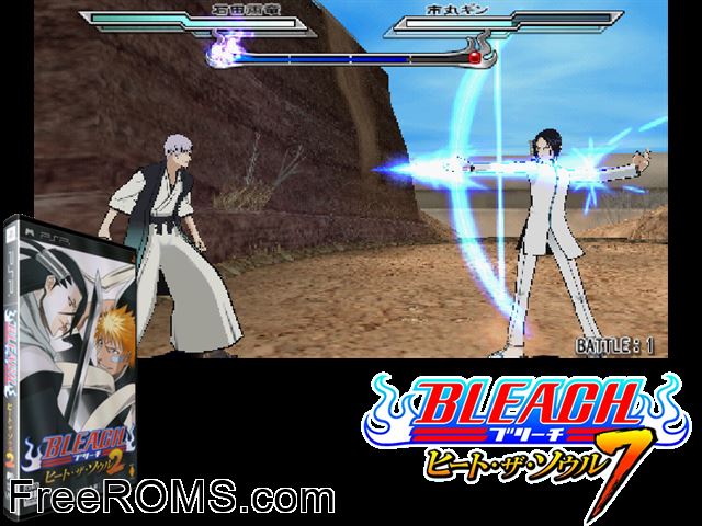 Bleach - Heat The Soul 2 (Japan) PSP game showing 3D box cover and gameplay screenshot