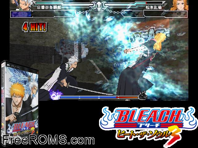 Bleach - Heat The Soul 3 (Japan) PSP game showing 3D box cover and gameplay screenshot