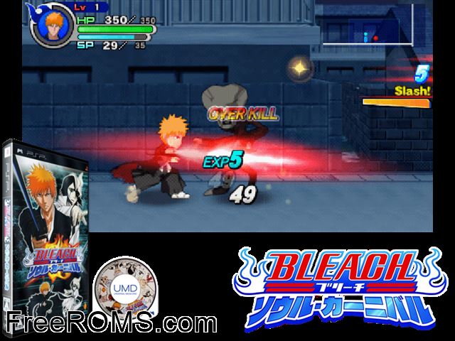 Bleach Soul Carnival (China) PSP game showing 3D box cover and gameplay screenshot