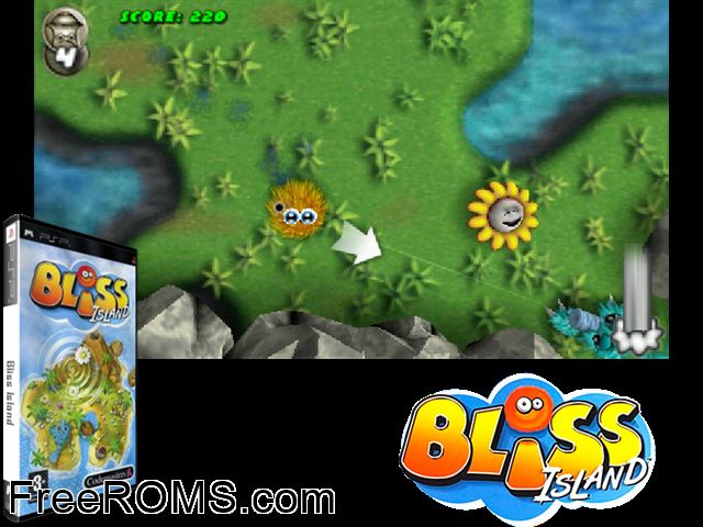 Bliss Island (Europe) PSP game showing 3D box cover and gameplay screenshot