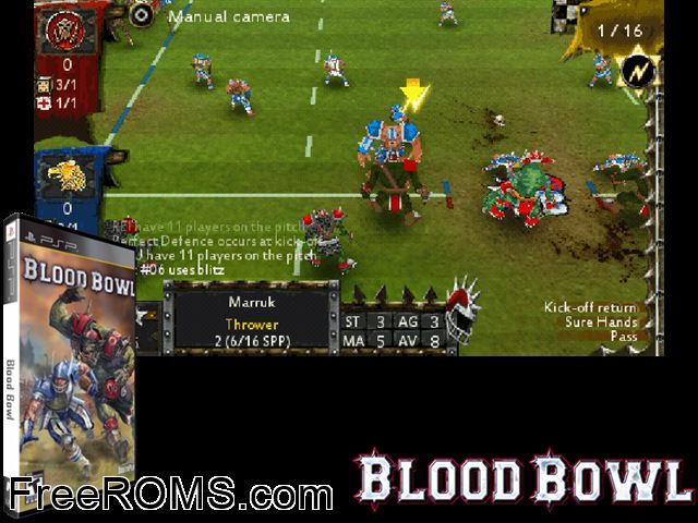Blood Bowl PSP game showing 3D box cover and gameplay screenshot