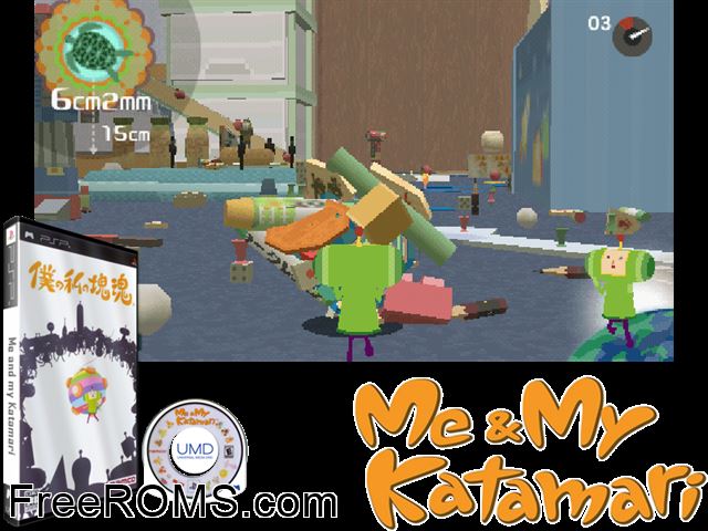 Boku no Watashi no Katamari Damacy (Japan) PSP game showing 3D box cover and gameplay screenshot