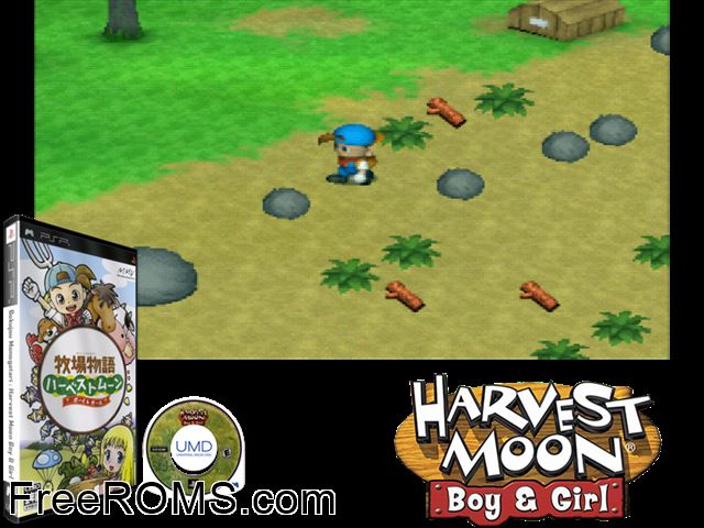 Bokujou Monogatari - Harvest Moon Boy and Girl (Japan) PSP game showing 3D box cover and gameplay screenshot