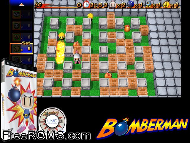 Bomberman PSP game showing 3D box cover and gameplay screenshot