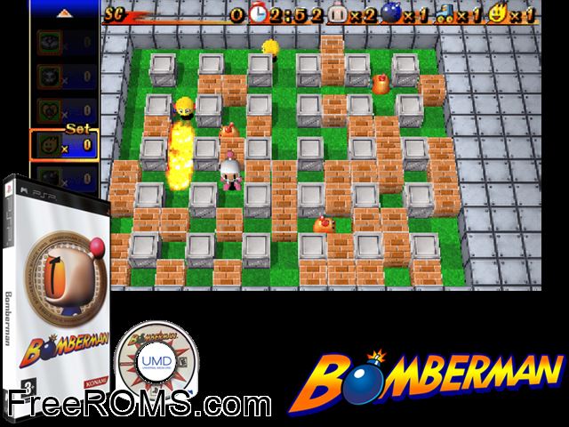 Bomberman (Europe) PSP game showing 3D box cover and gameplay screenshot