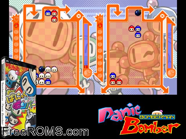 Bomberman - Panic Bomber (Japan) PSP game showing 3D box cover and gameplay screenshot