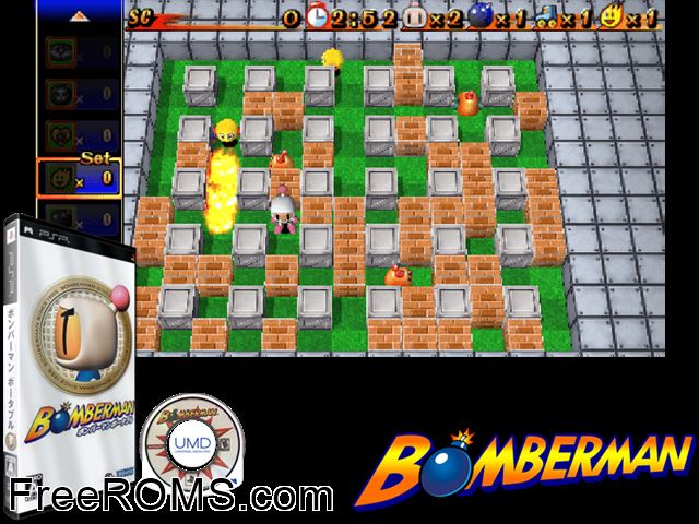 Bomberman - Portable (Japan) PSP game showing 3D box cover and gameplay screenshot