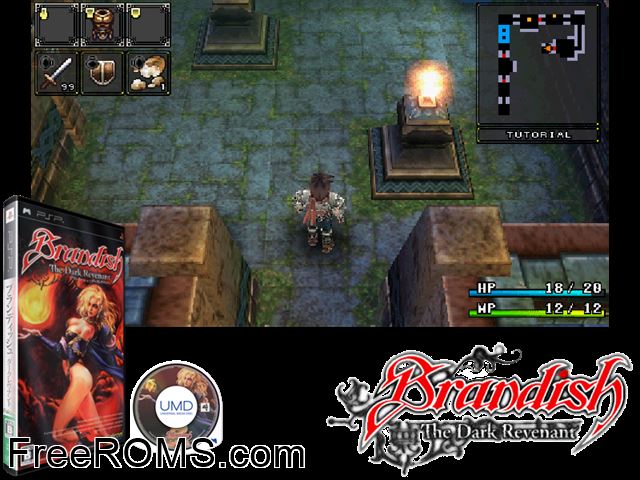 Brandish - The Dark Revenant (Japan) PSP game showing 3D box cover and gameplay screenshot