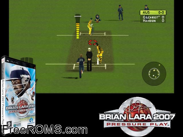 Brian Lara 2007 - Pressure Play (Europe) PSP game showing 3D box cover and gameplay screenshot
