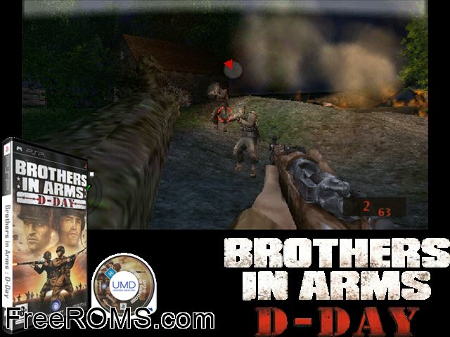 Brothers in Arms - D-Day (Europe) PSP game showing 3D box cover and gameplay screenshot