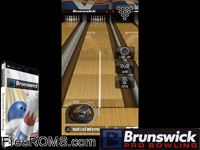 Brunswick Pro Bowling (Europe) PSP game showing 3D box cover and gameplay screenshot