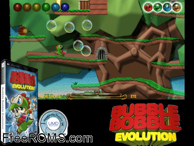 Bubble Bobble - Evolution PSP game showing 3D box cover and gameplay screenshot