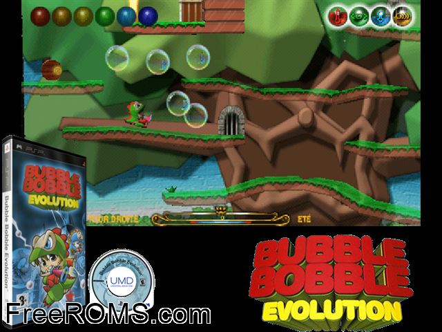 Bubble Bobble - Evolution (Europe) PSP game showing 3D box cover and gameplay screenshot
