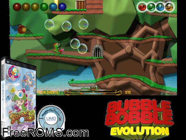 Bubble Bobble - Magical Tower Daisakusen (Japan) PSP game showing 3D box cover and gameplay screenshot