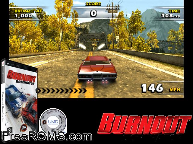 Burnout Dominator (Europe) PSP game showing 3D box cover and gameplay screenshot