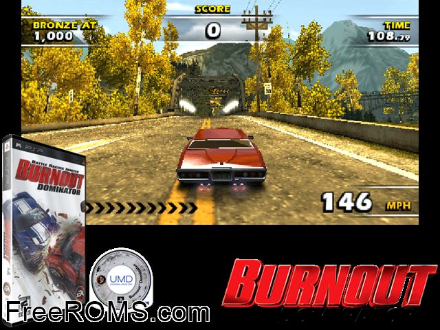 Burnout Dominator (Japan) PSP game showing 3D box cover and gameplay screenshot