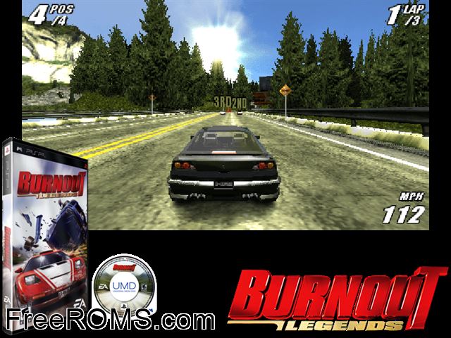 Burnout Legends PSP game showing 3D box cover and gameplay screenshot