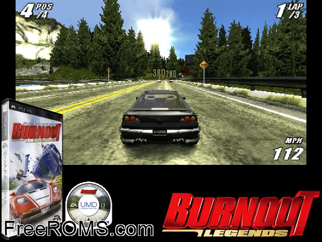Burnout Legends (EA Best Hits) (Japan) PSP game showing 3D box cover and gameplay screenshot