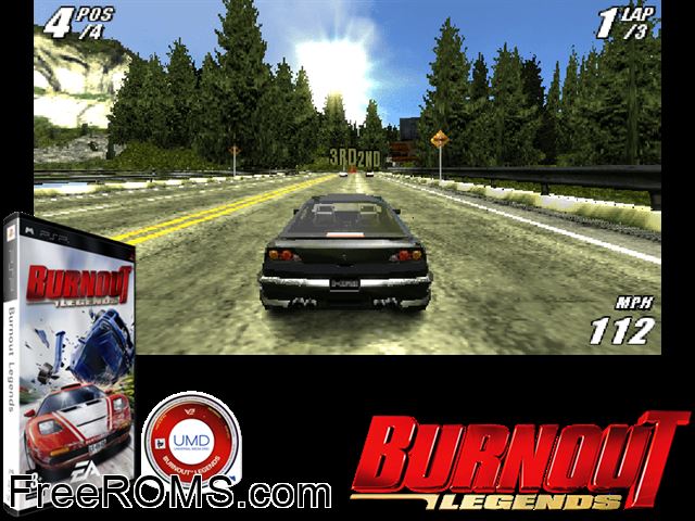 Burnout Legends (Europe) PSP game showing 3D box cover and gameplay screenshot