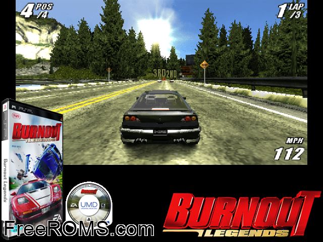 Burnout Legends (Korea) PSP game showing 3D box cover and gameplay screenshot