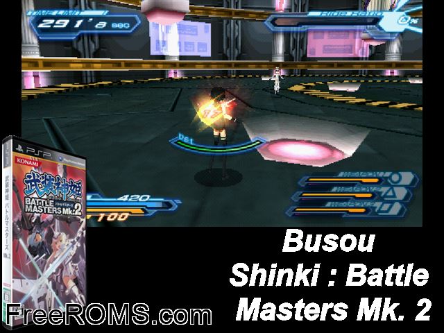 Busou Shinki - Battle Masters Mk. 2 (V2) (Japan) PSP game showing 3D box cover and gameplay screenshot