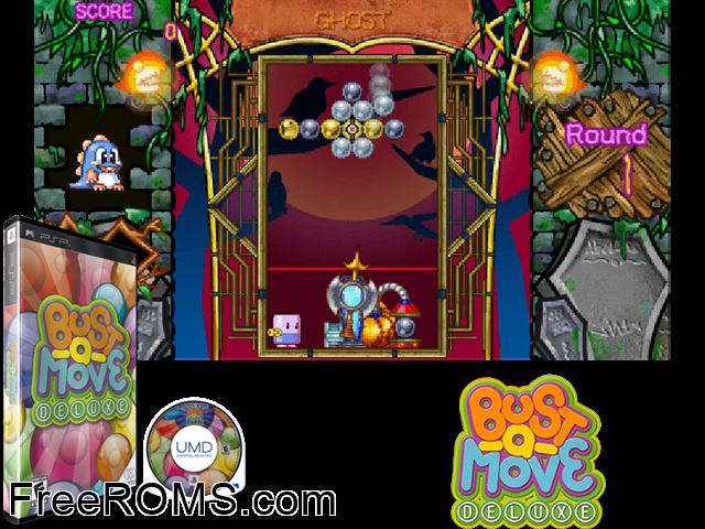 Bust-A-Move Deluxe PSP game showing 3D box cover and gameplay screenshot