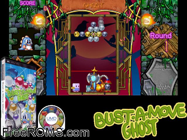 Bust-A-Move Ghost (Europe) PSP game showing 3D box cover and gameplay screenshot